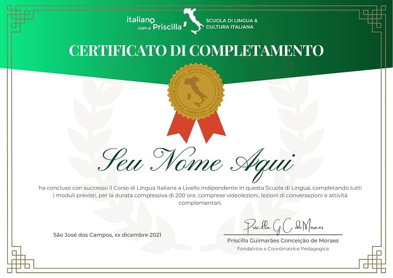 Certificado Italiano com a Priscilla